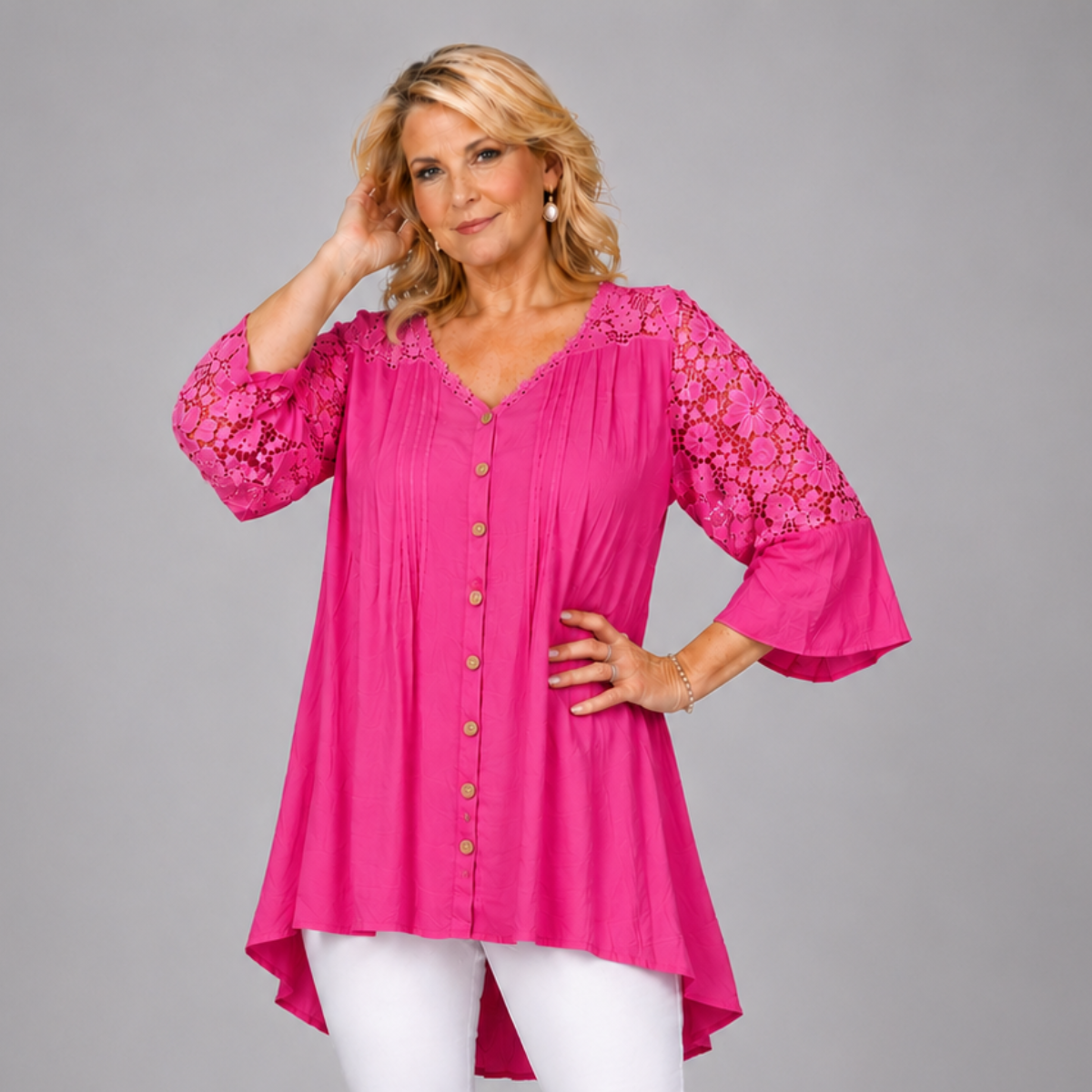Loose Fitting Lace Panel Blouse with 3/4 Frilled Sleeves