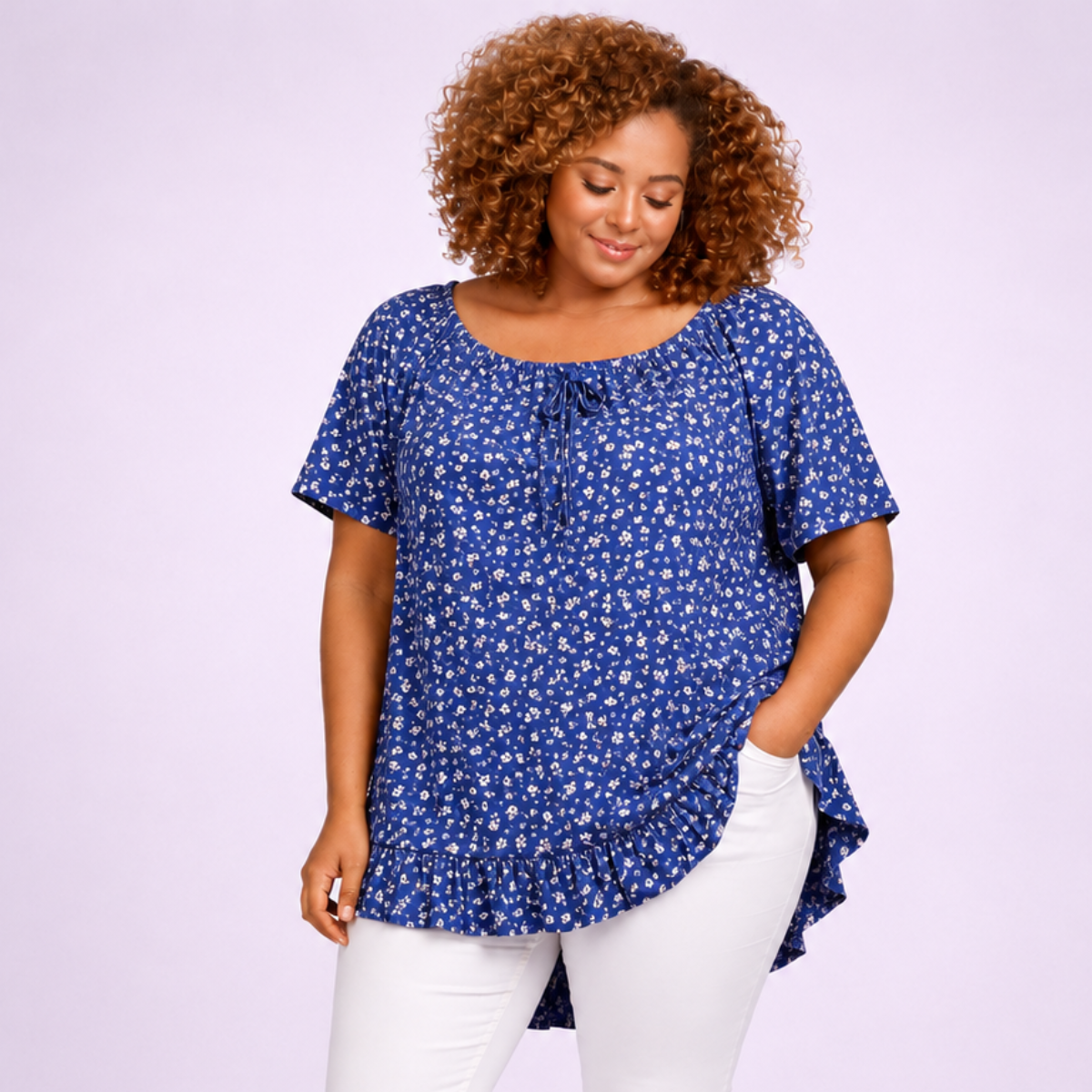 Floral Elastic Neck Short Sleeve Top