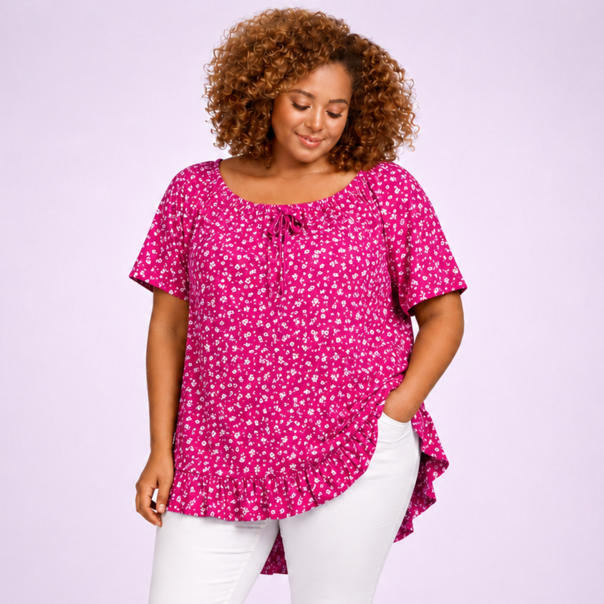Floral Elastic Neck Short Sleeve Top