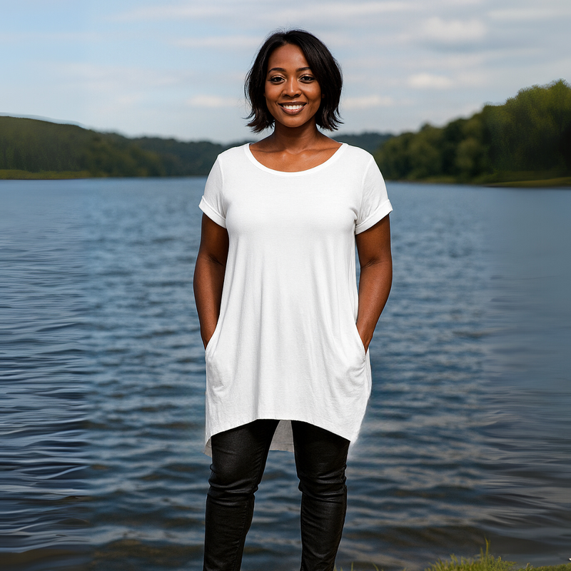 Long Be Kind Dipped-Hem T-Shirt with Side Pockets