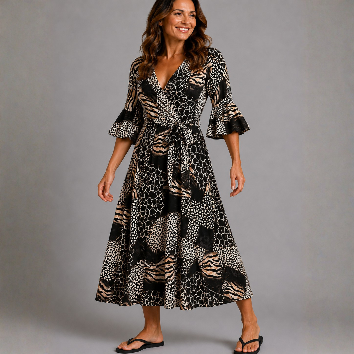 Leopard Patch print V-neck Dress with belt tie