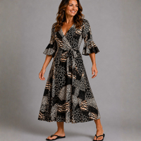 Leopard Patch print V-neck Dress with belt tie