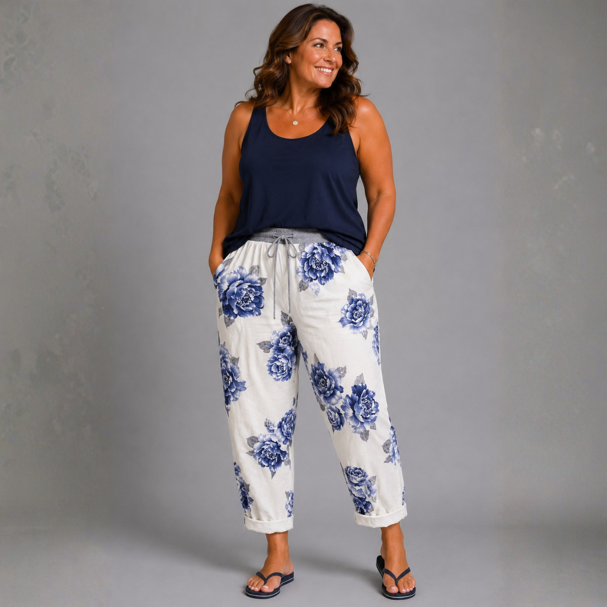 White Blue Bold Floral Joggers with Pockets