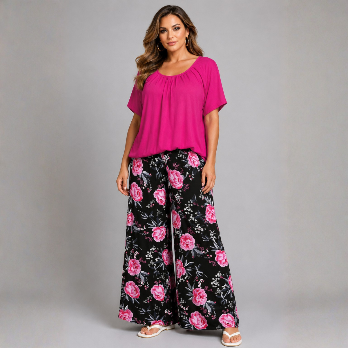 Black Pink Roses Elastic Waist Palazzo Trousers