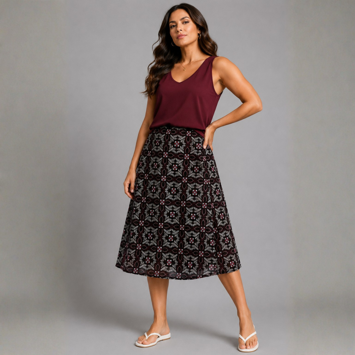 Tile print Elasic Waist Calf length skirt