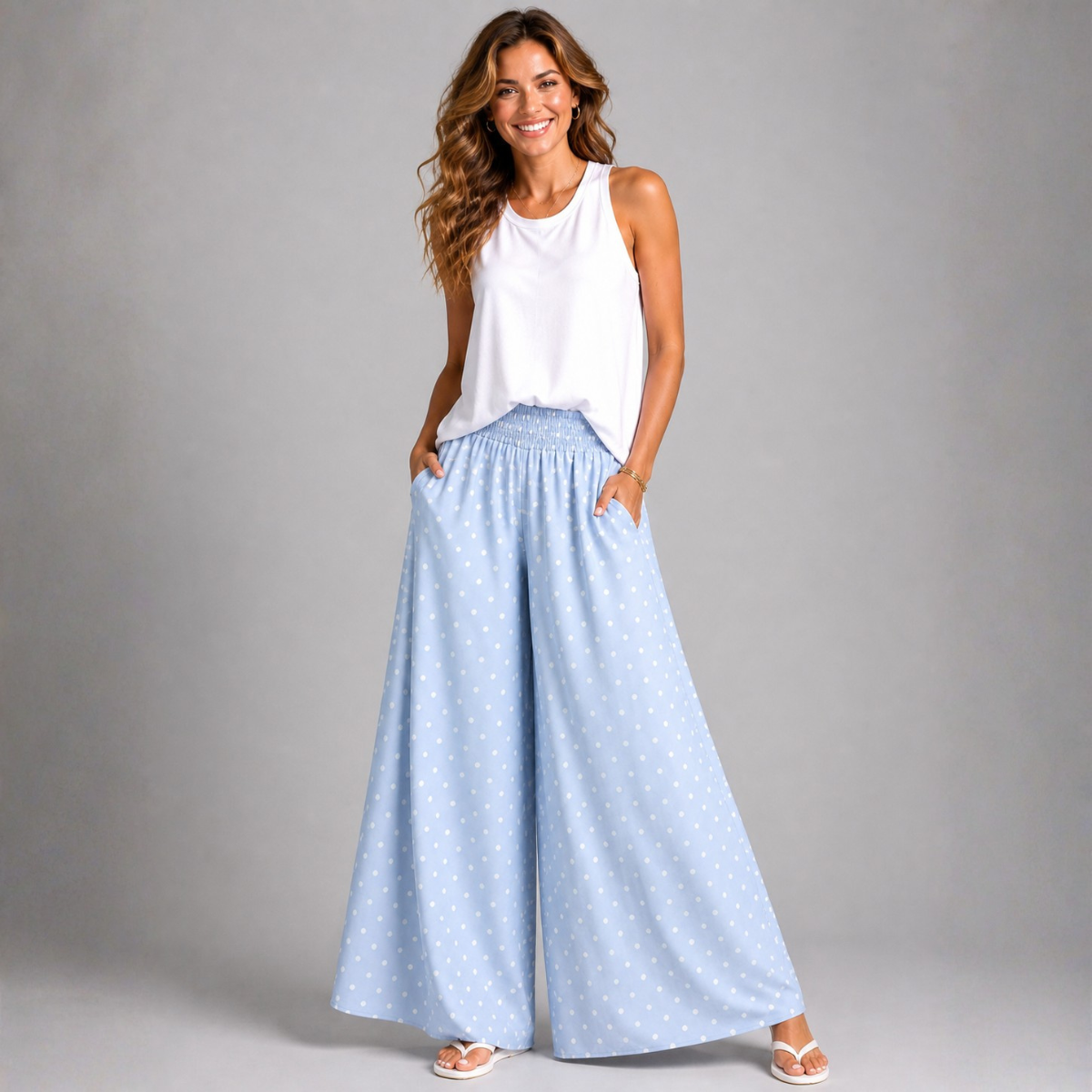 Polka Dot Wide Leg Palazzo Trousers with Pockets