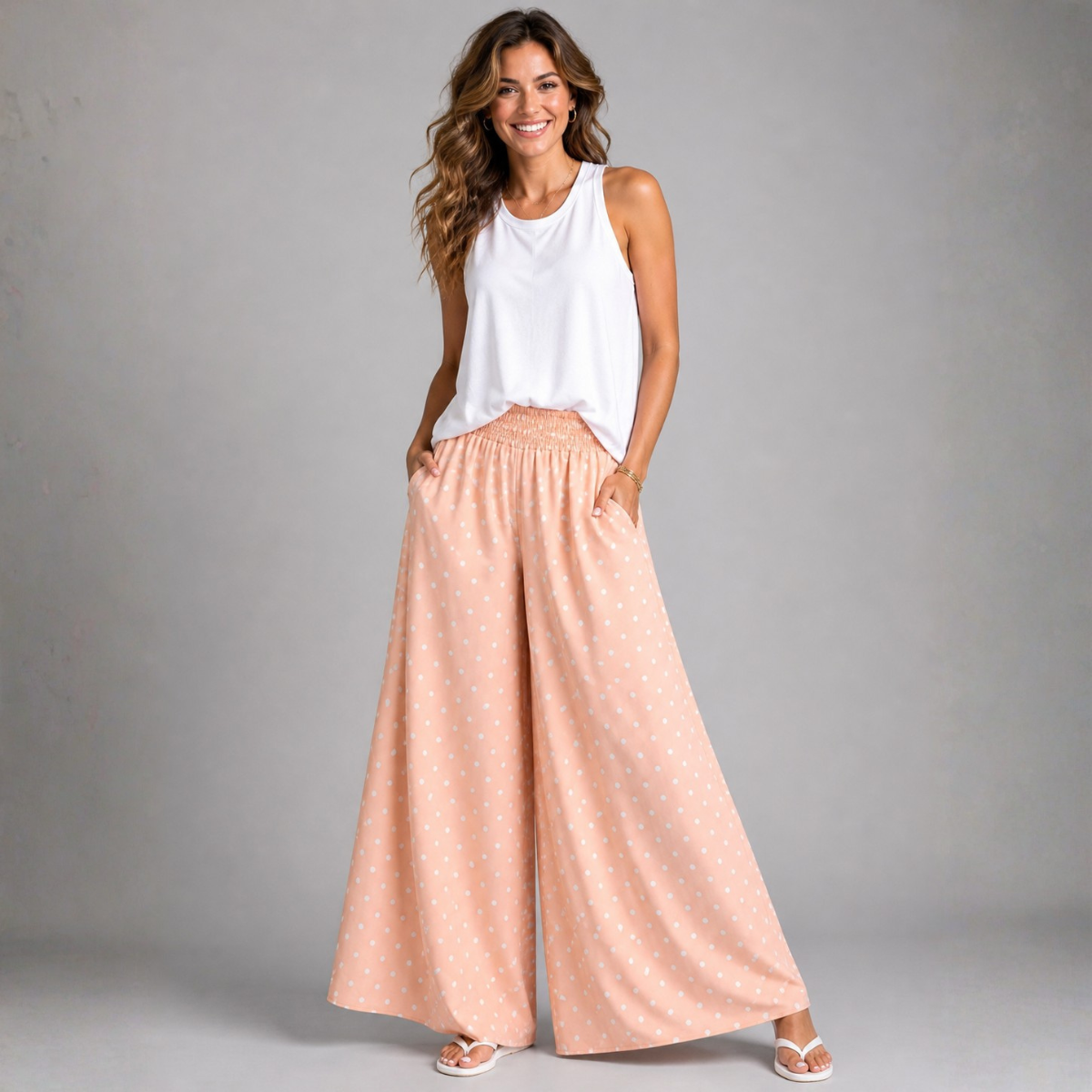 Polka Dot Wide Leg Palazzo Trousers with Pockets