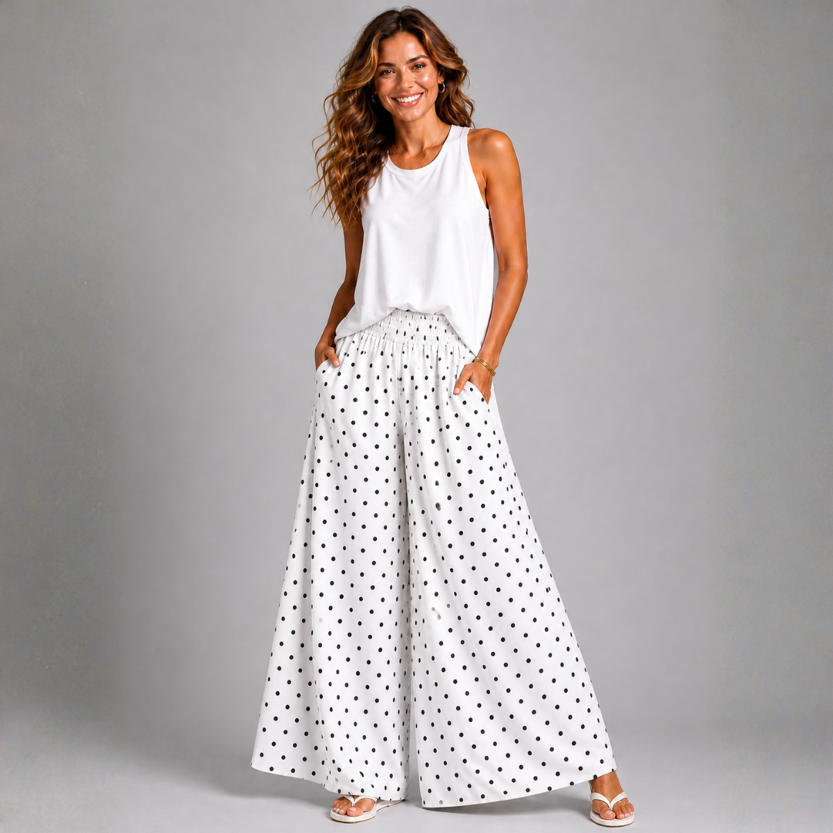 Polka Dot Wide Leg Palazzo Trousers with Pockets