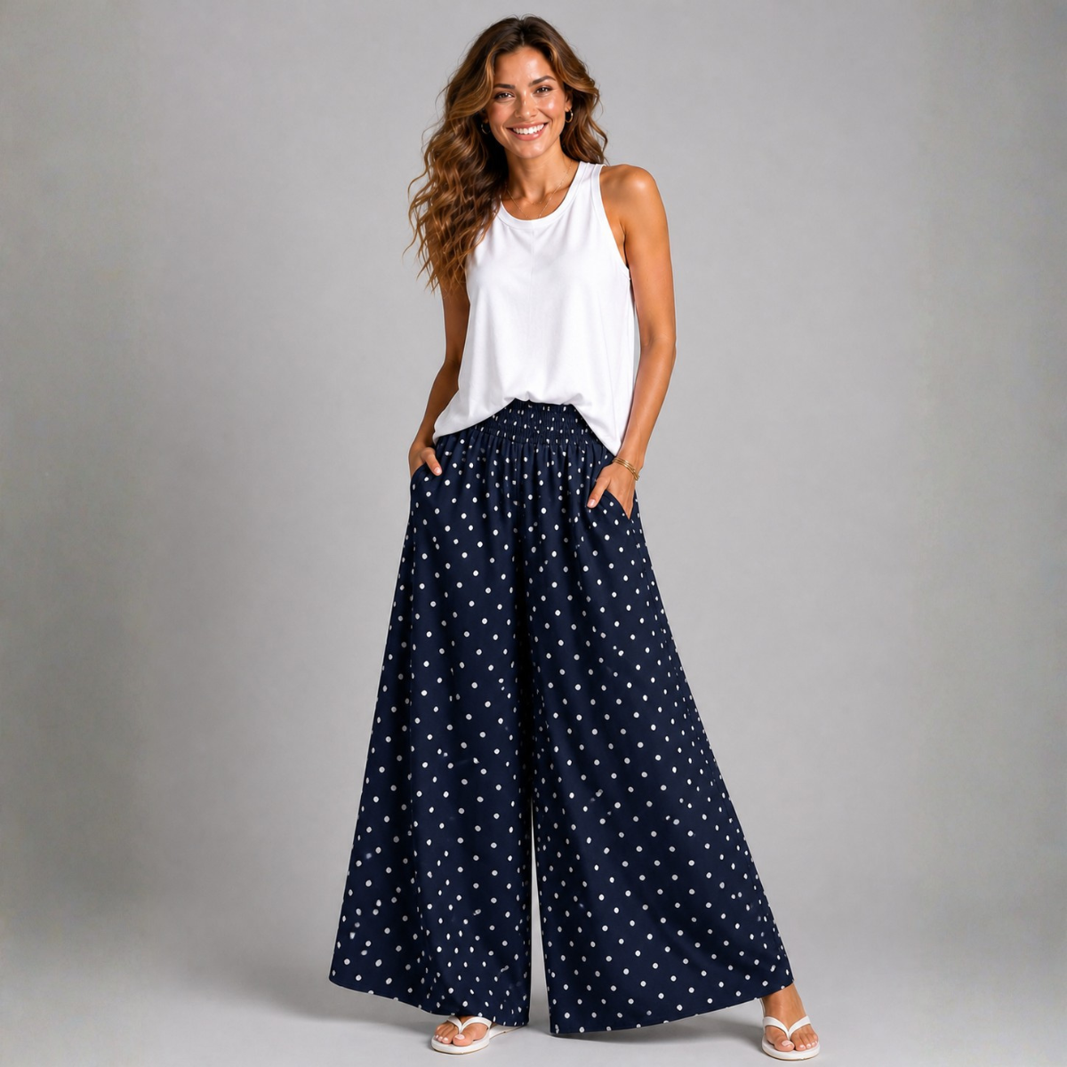 Polka Dot Wide Leg Palazzo Trousers with Pockets