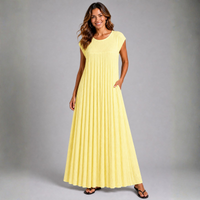 Pleated Cap Sleeve plain Maxi Dress