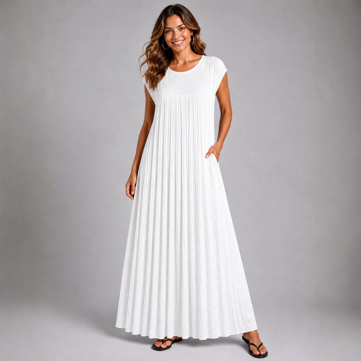 Pleated Cap Sleeve plain Maxi Dress