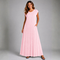 Pleated Cap Sleeve plain Maxi Dress
