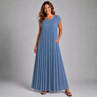 Pleated Cap Sleeve plain Maxi Dress