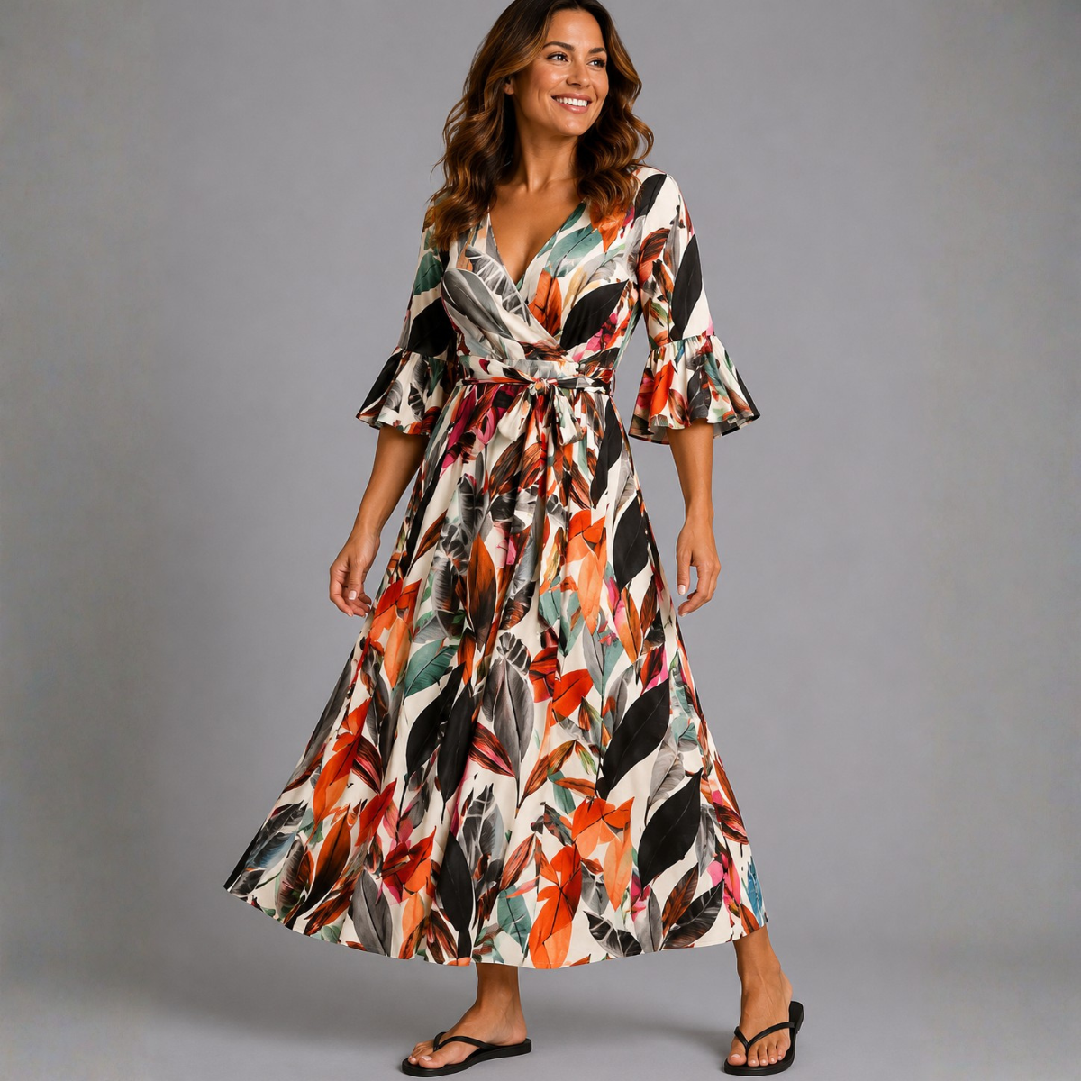 Tropical Print V-Neck Dress with Belt Tie