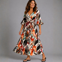 Tropical Print V-Neck Dress with Belt Tie