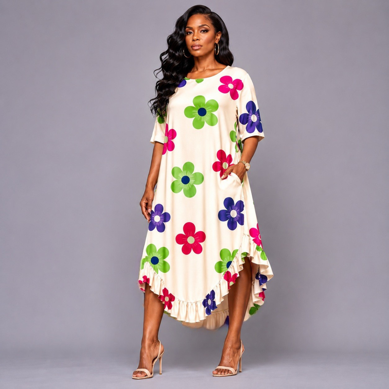 Flower Print Frilled Dipped Hem Short Sleeve Dress