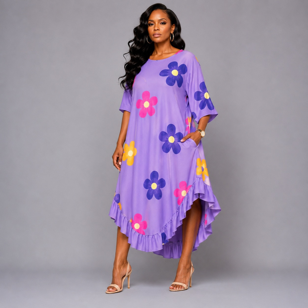 Flower Print Frilled Dipped Hem Short Sleeve Dress