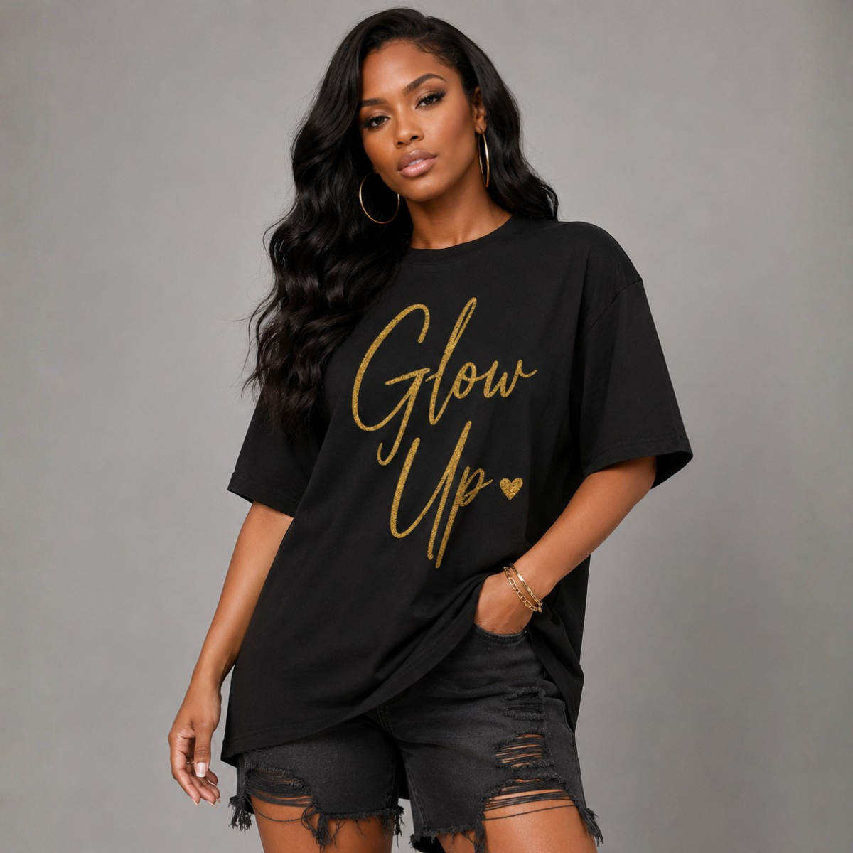 Long T-shirt with Gold Glow Up Print