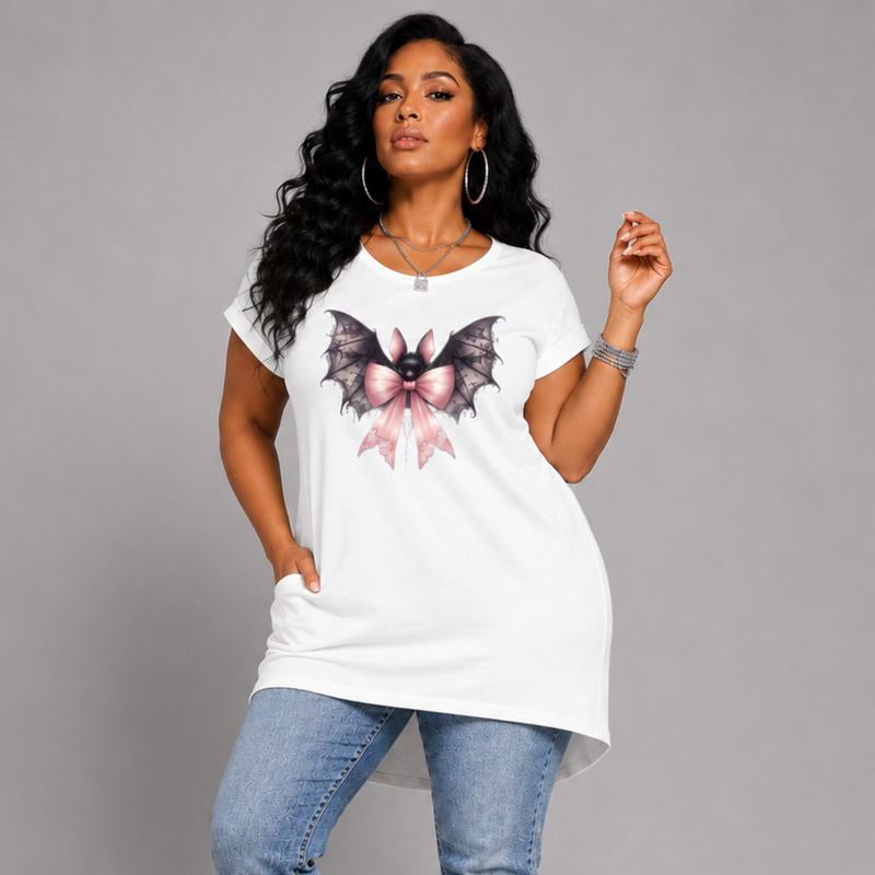 Bat + Bow Long Pocket T-Shirt with Dipped Hem