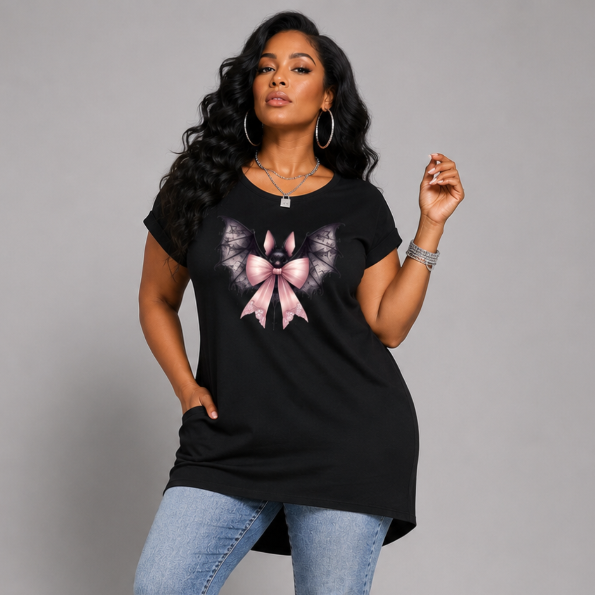 Bat + Bow Long Pocket T-Shirt with Dipped Hem