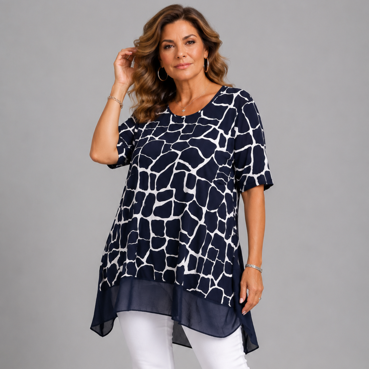 Navy White Giraffe print Blouse with Chiffon Hem