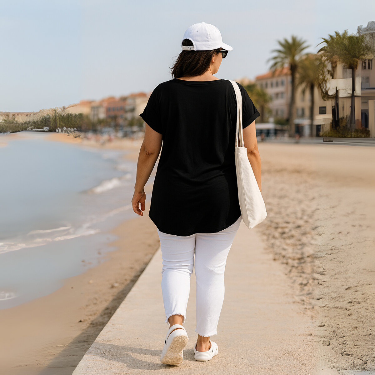 Plain Dipped Hem T-shirt with Roll Cap Sleeves