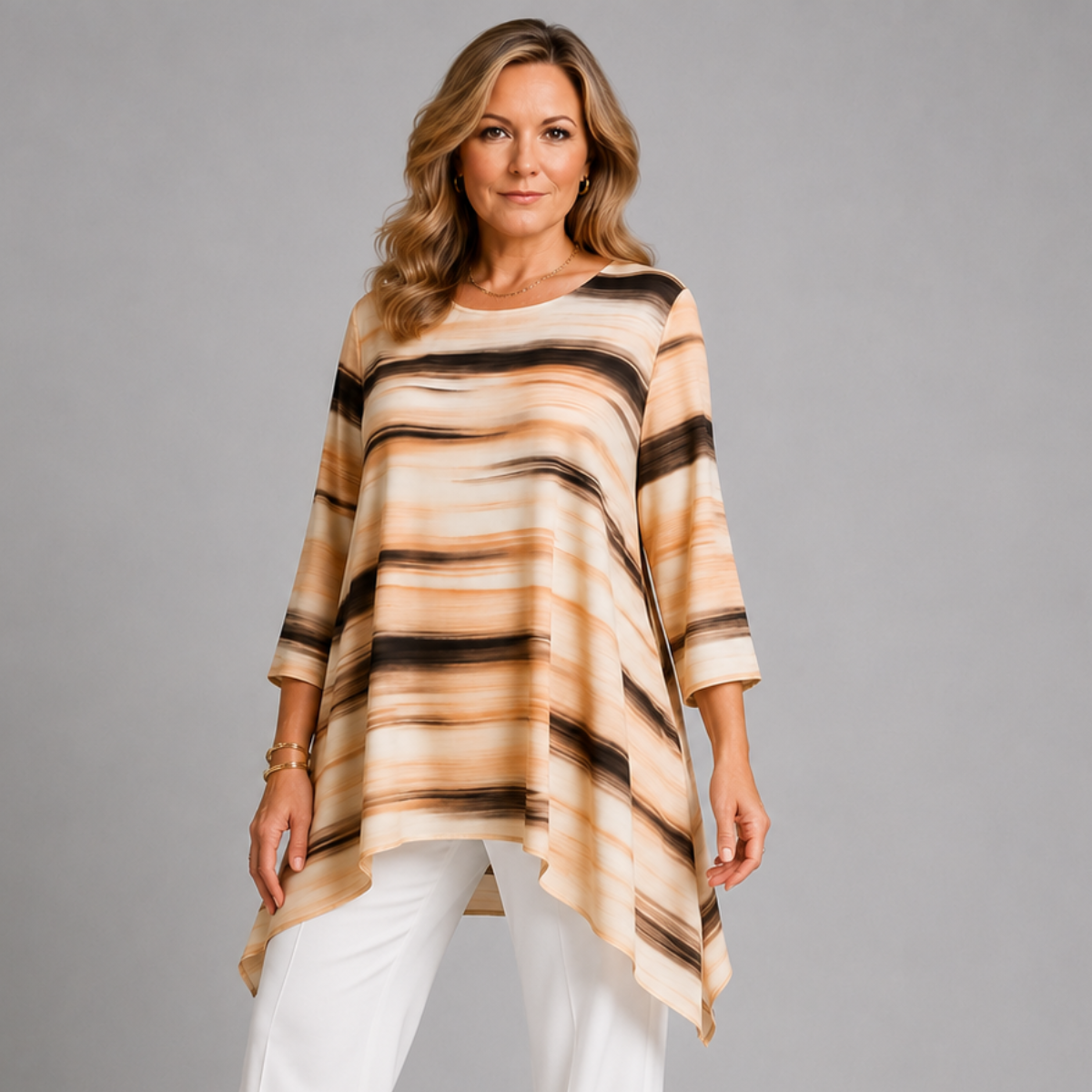 Cream Brown Hanky Hem 3/4 sleeve blouse