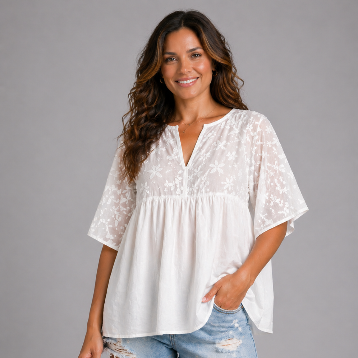 White Floral Smock top tunic Blouse