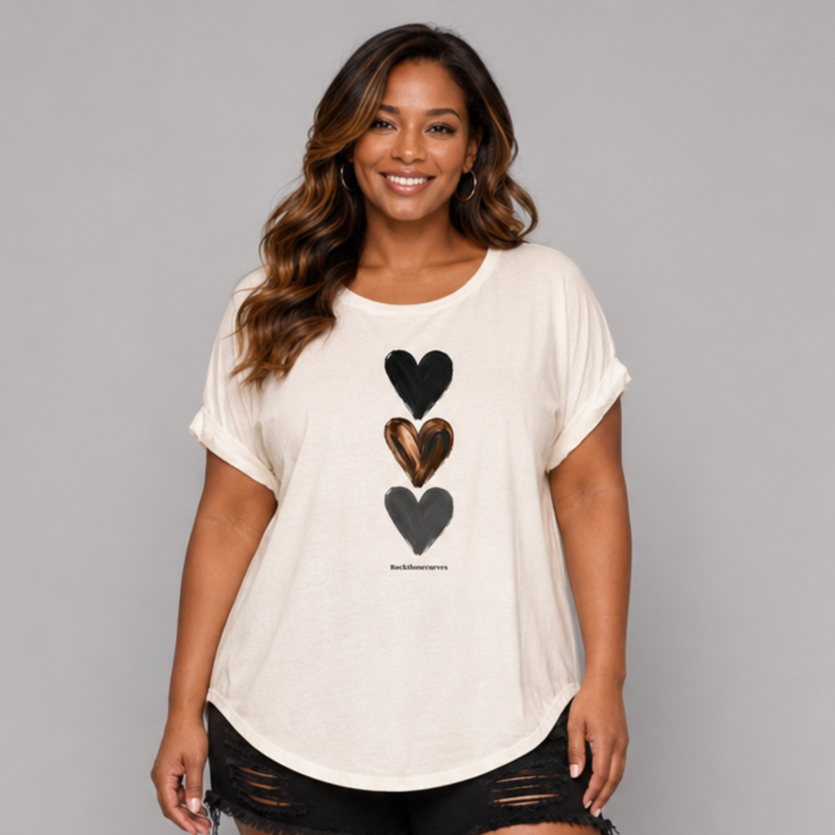 3 Hearts Dipped Hem T-Shirt with Roll Cap Sleeves