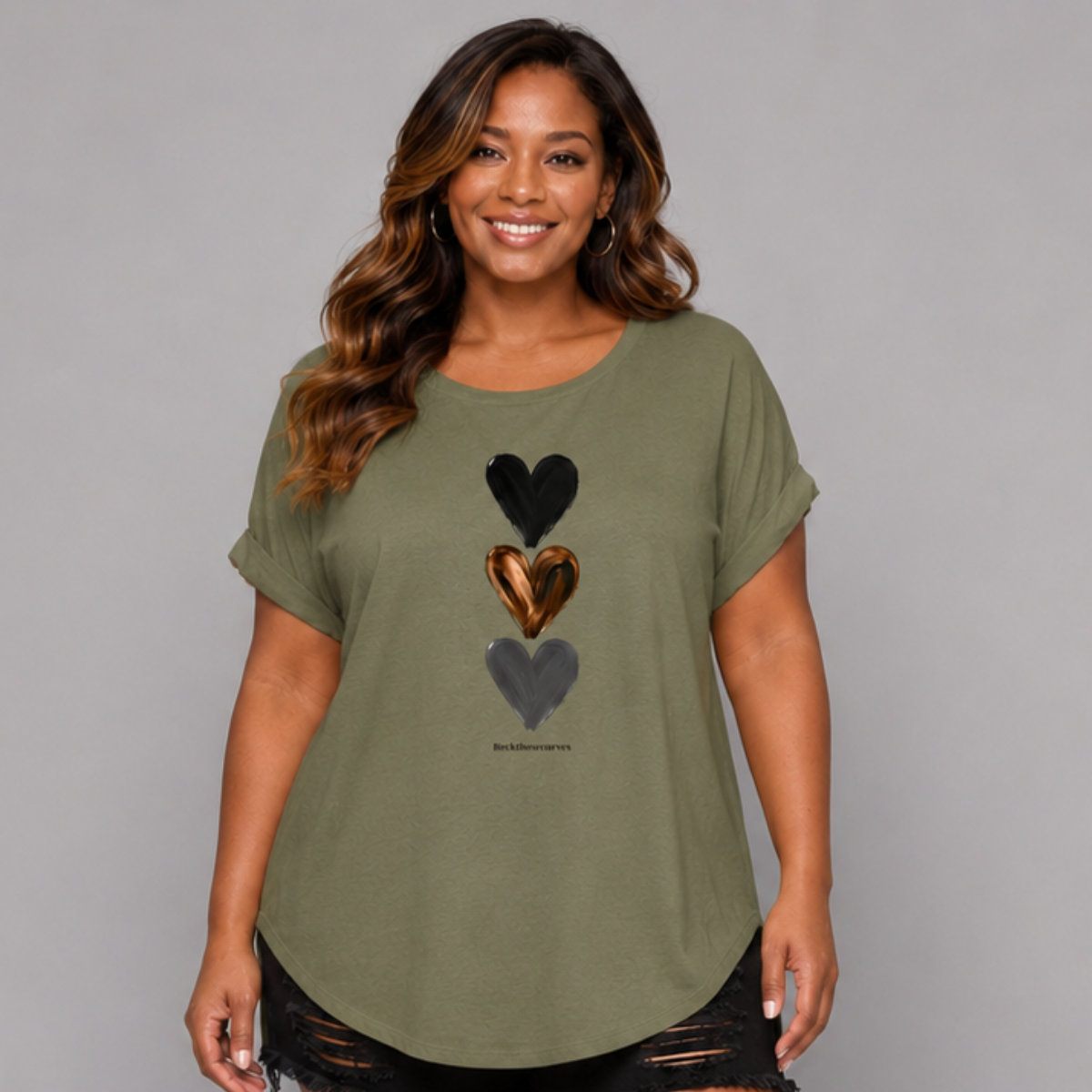 3 Hearts Dipped Hem T-Shirt with Roll Cap Sleeves