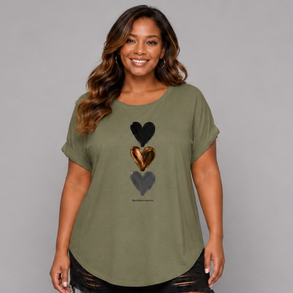 3 Hearts Dipped Hem T-Shirt with Roll Cap Sleeves