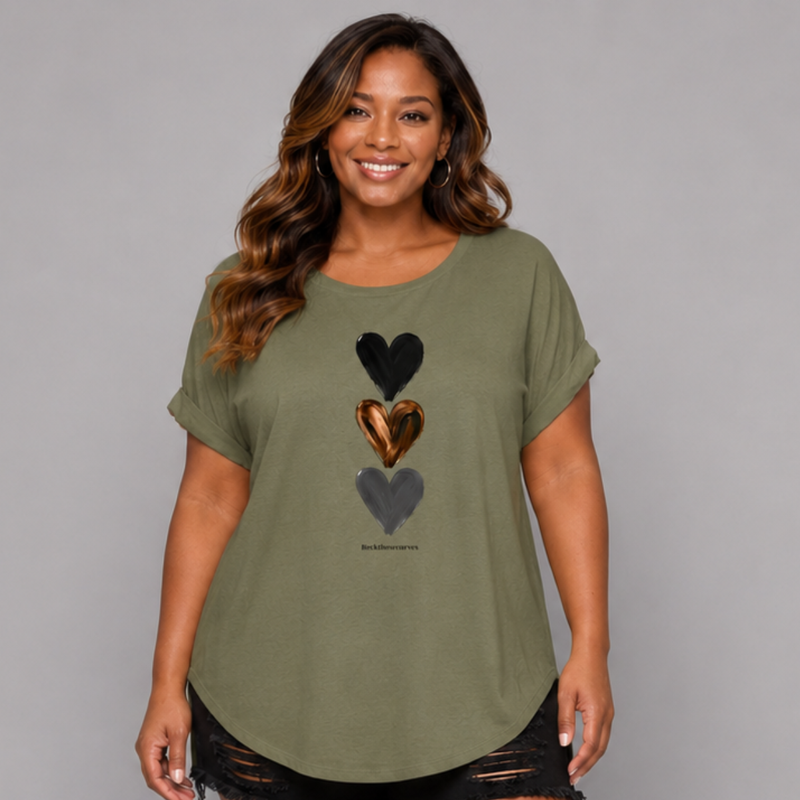 3 Hearts Dipped Hem T-Shirt with Roll Cap Sleeves
