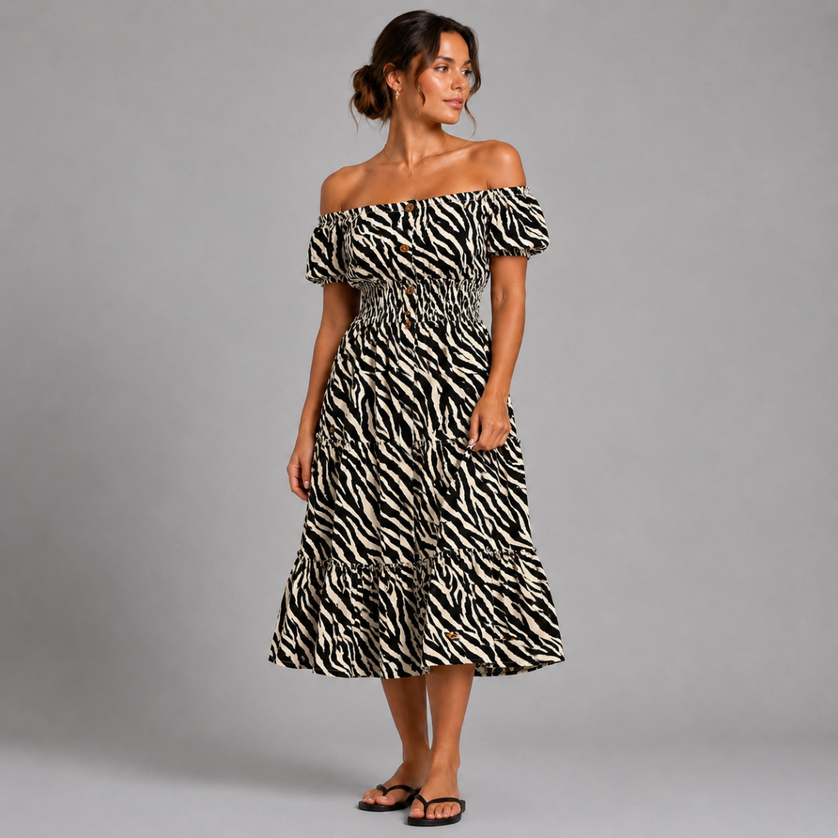 Zebra Print Off Shoulder Animal Print Frilled Gypsy Dress