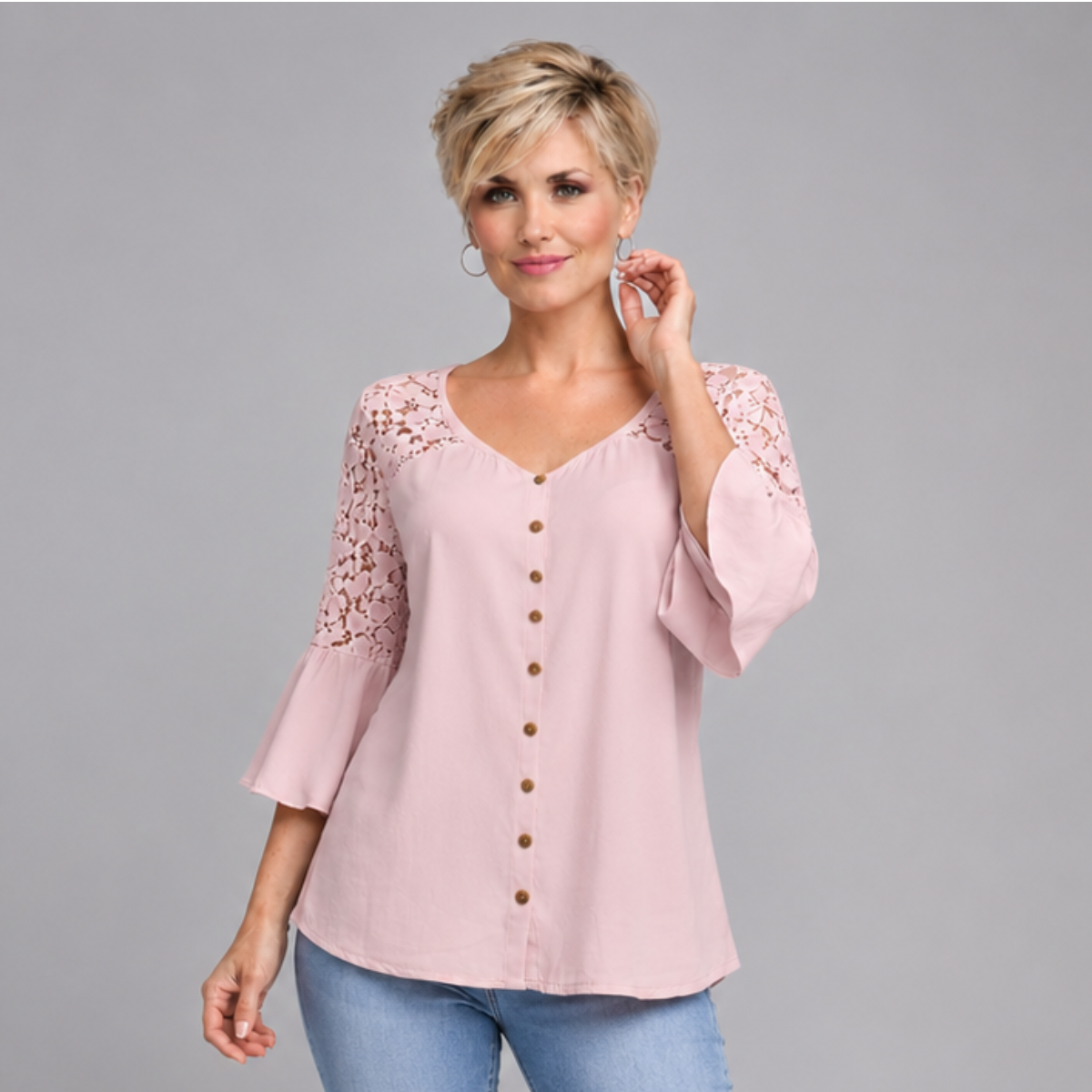Loose Fitting Lace Panel Blouse with 3/4 Frilled Sleeves