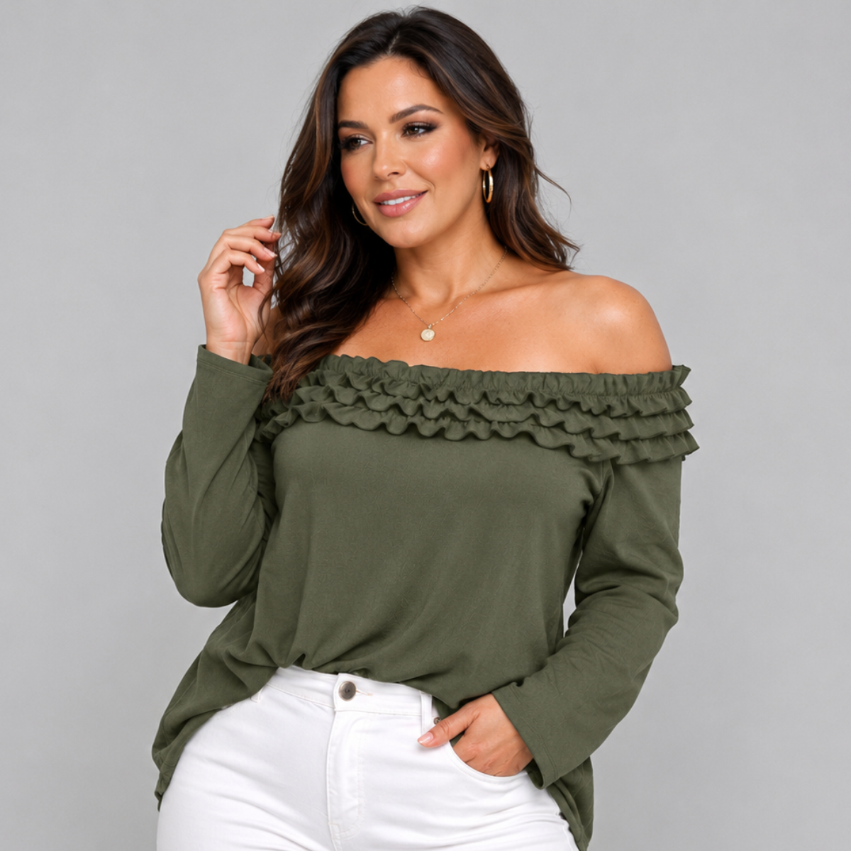 Ruffled Neckline Off Shoulder Long Sleeve Blouse – RockThoseCurves
