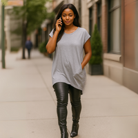 Long Dipped-Hem T-Shirt with Side Pockets