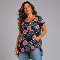 Floral Print Dipped Hem T-shirt with Side Pockets