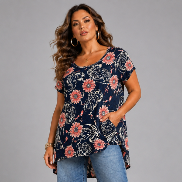 Floral Print Dipped Hem T-shirt with Side Pockets