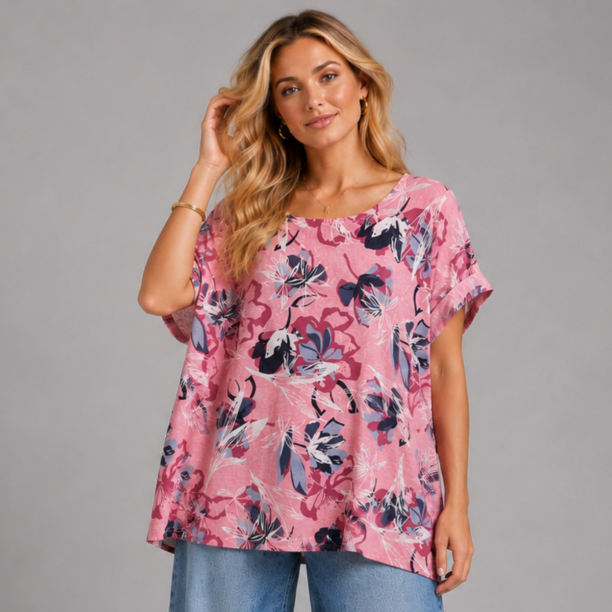 Bold Floral Loose Fitting Short Sleeve Cotton Blouse