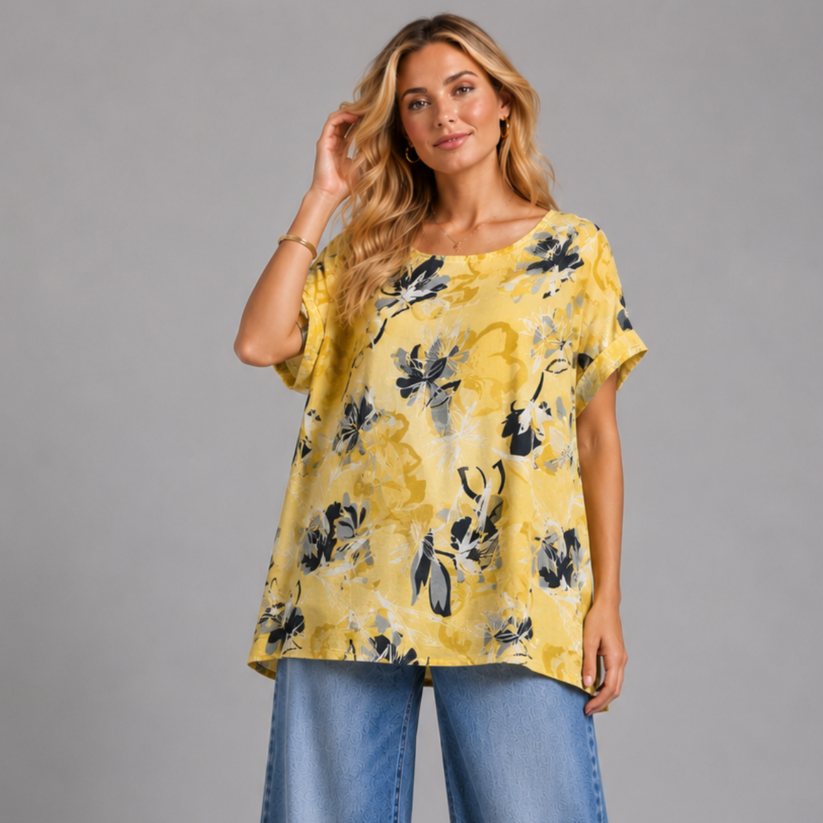 Bold Floral Loose Fitting Short Sleeve Cotton Blouse