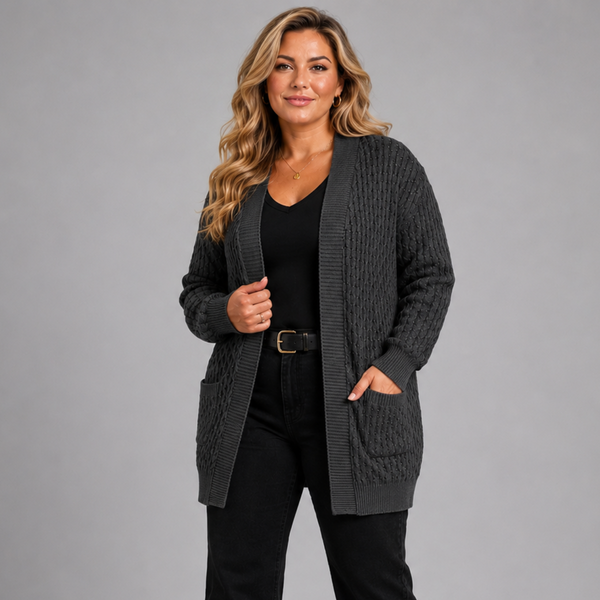 Open Front Cable Knit Cardigan with Front Pockets