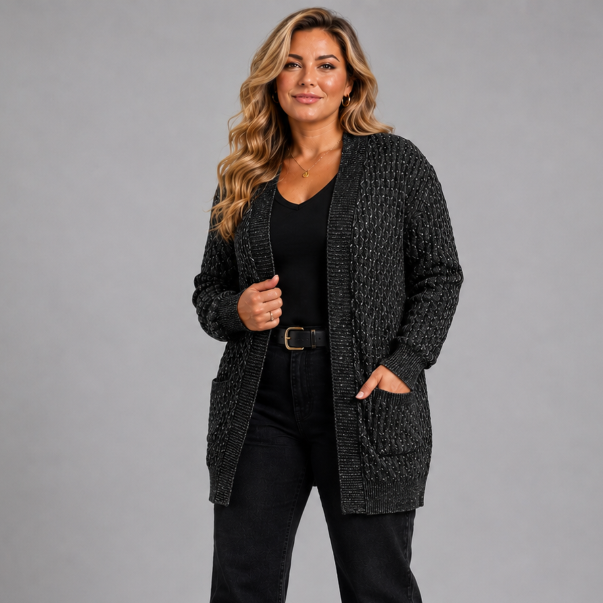Open Front Cable Knit Cardigan with Front Pockets