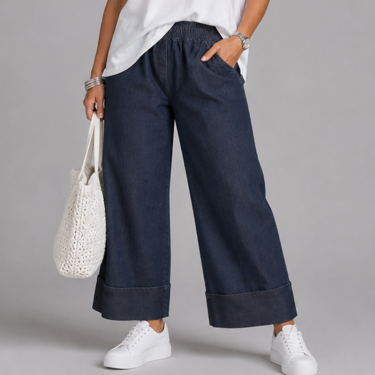 Dark Blue Stretch Denim Flared Jeans with Wide Turn-Ups
