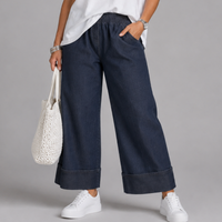Dark Blue Stretch Denim Flared Jeans with Wide Turn-Ups