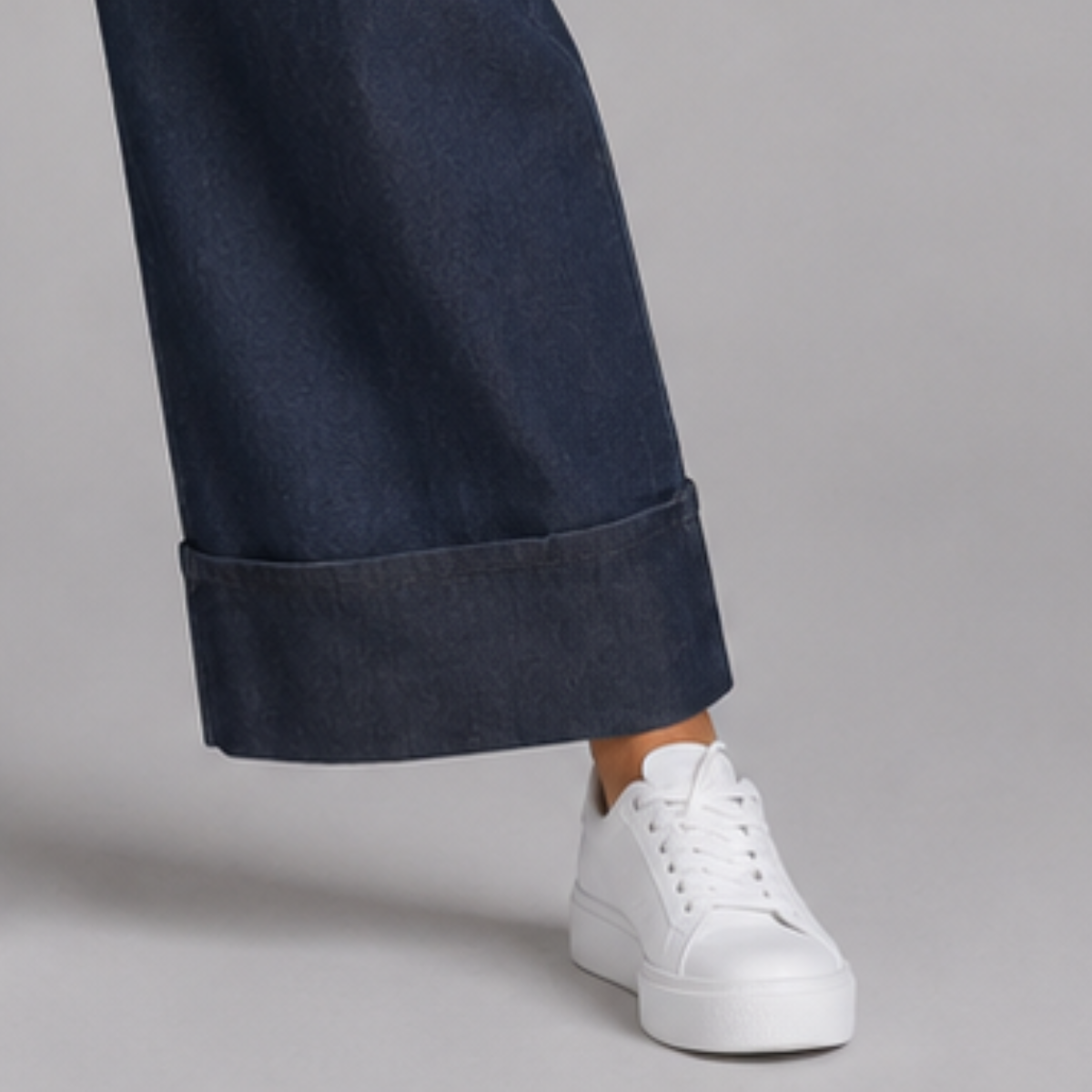 Dark Blue Stretch Denim Flared Jeans with Wide Turn-Ups