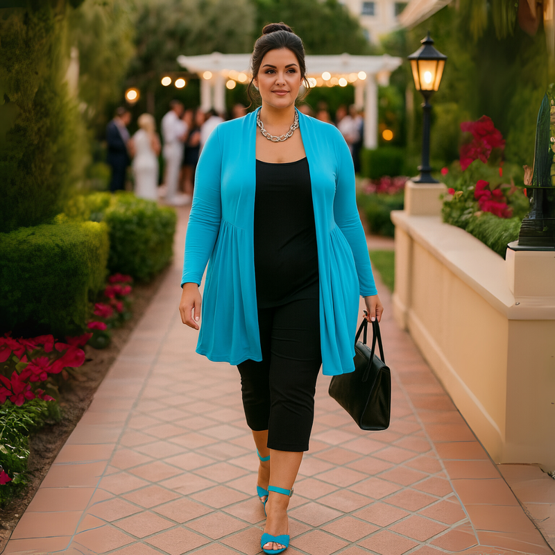 Long Length Open Front Cardigan with Lace Panel