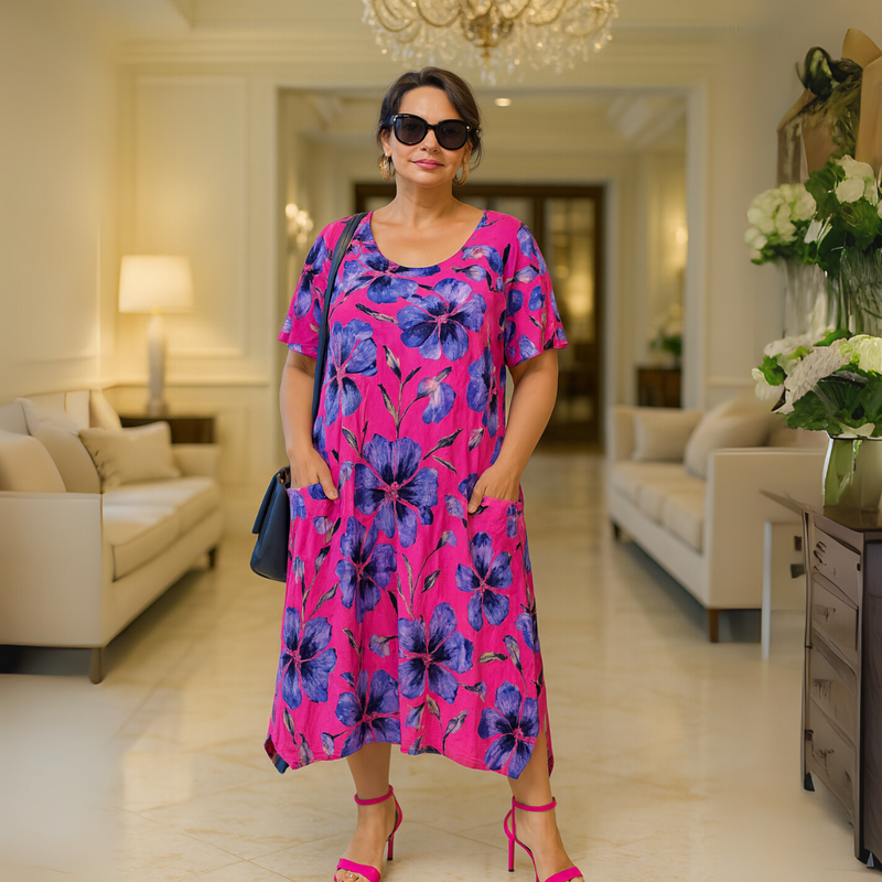 Bright Floral Hanky Hem Short Sleeve Pocket Dress