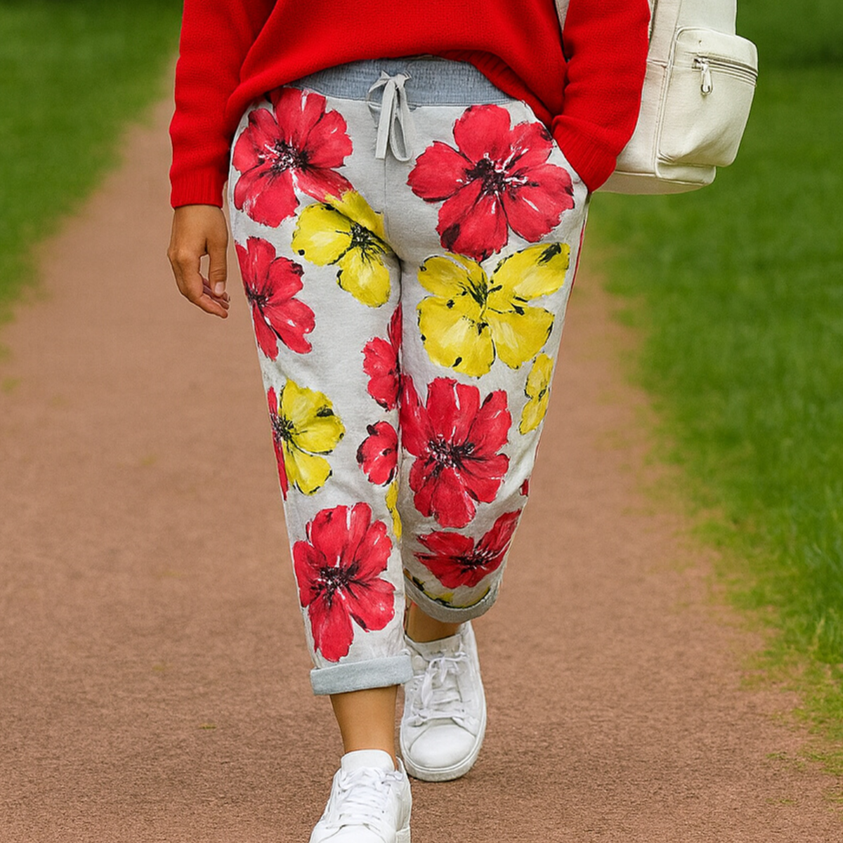 Red & Yellow Floral Elastic Waist Pocket Joggers