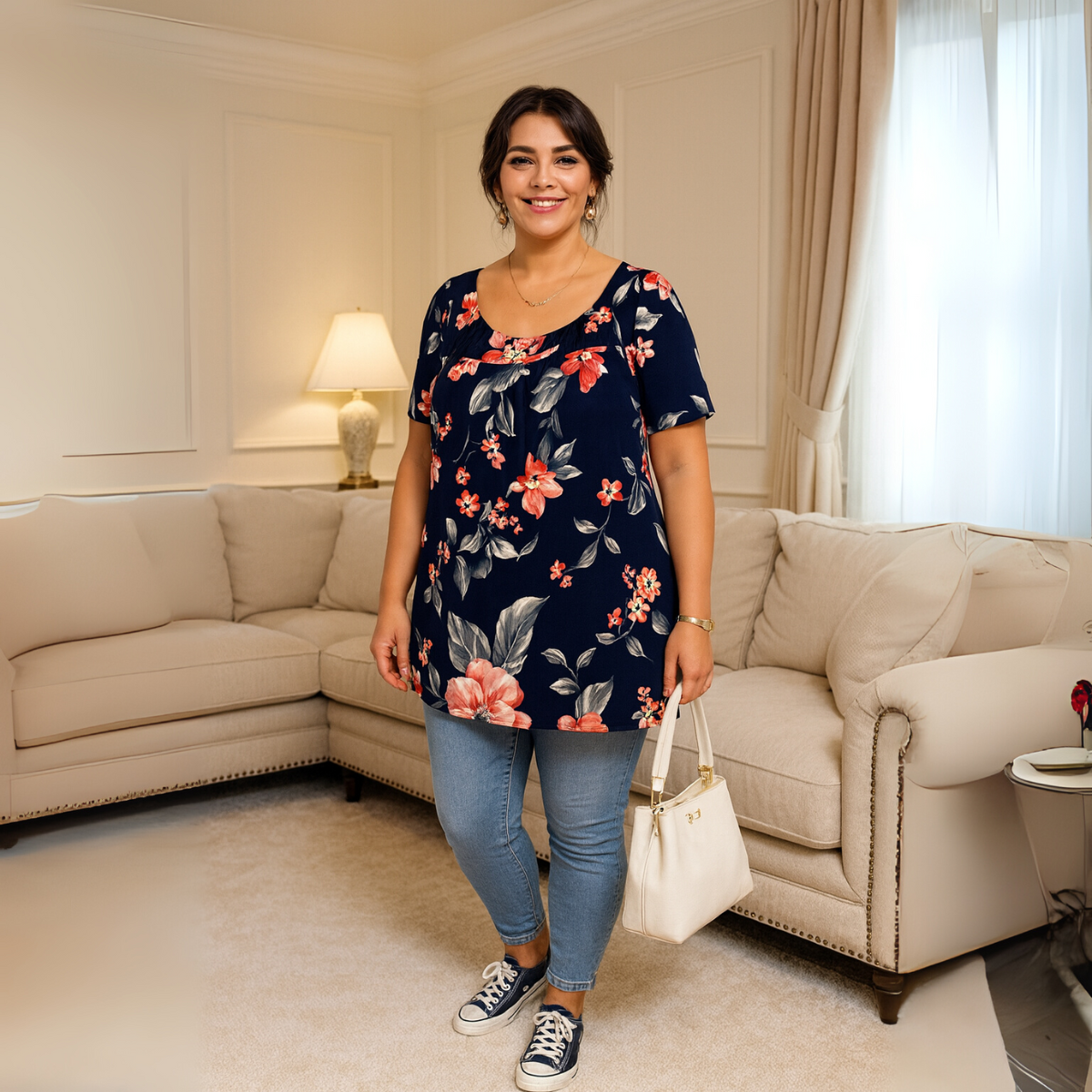 Navy / Red Floral Short Sleeve A-Line Smock Top