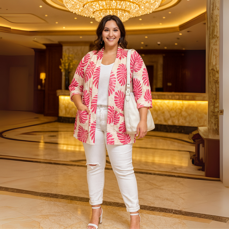Open Front Loose Fitting Leaf Print Jacket